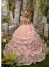 Beaded Blush Pink Ruffle Tulle Glitter Horsehair Flower Girl Dress